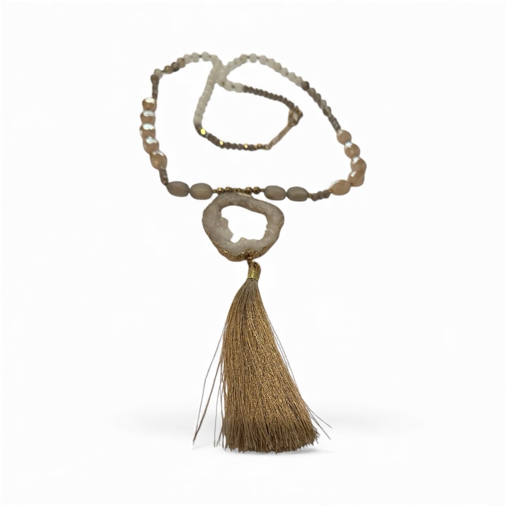 Beaded Tassel Necklace With Geode and Crystal Pendant